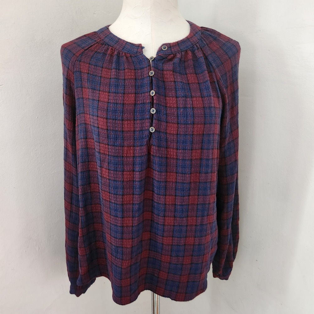 Bearpaw Womens Plaid Henley Blouse Burgundy Navy Blue Long Sleeve M